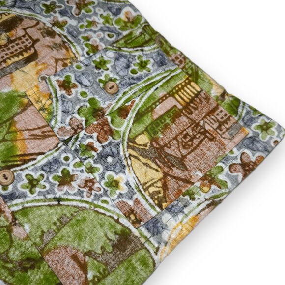 True Vintage 60s Surfline Barkcloth Hawaiian Shirt Sz M w Flap Pockets, Epaulets - Picture 12 of 14